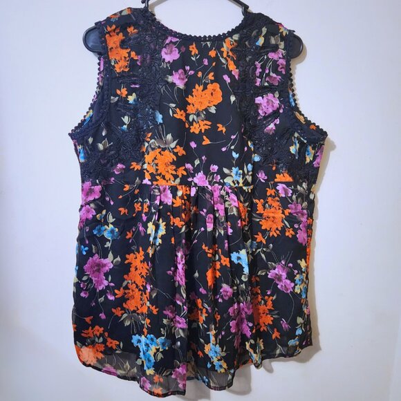Denim 24/7 Sleeveless Floral Blouse w/ Bib Collar Design | Whimsigoth | Size 14W - Picture 6 of 9